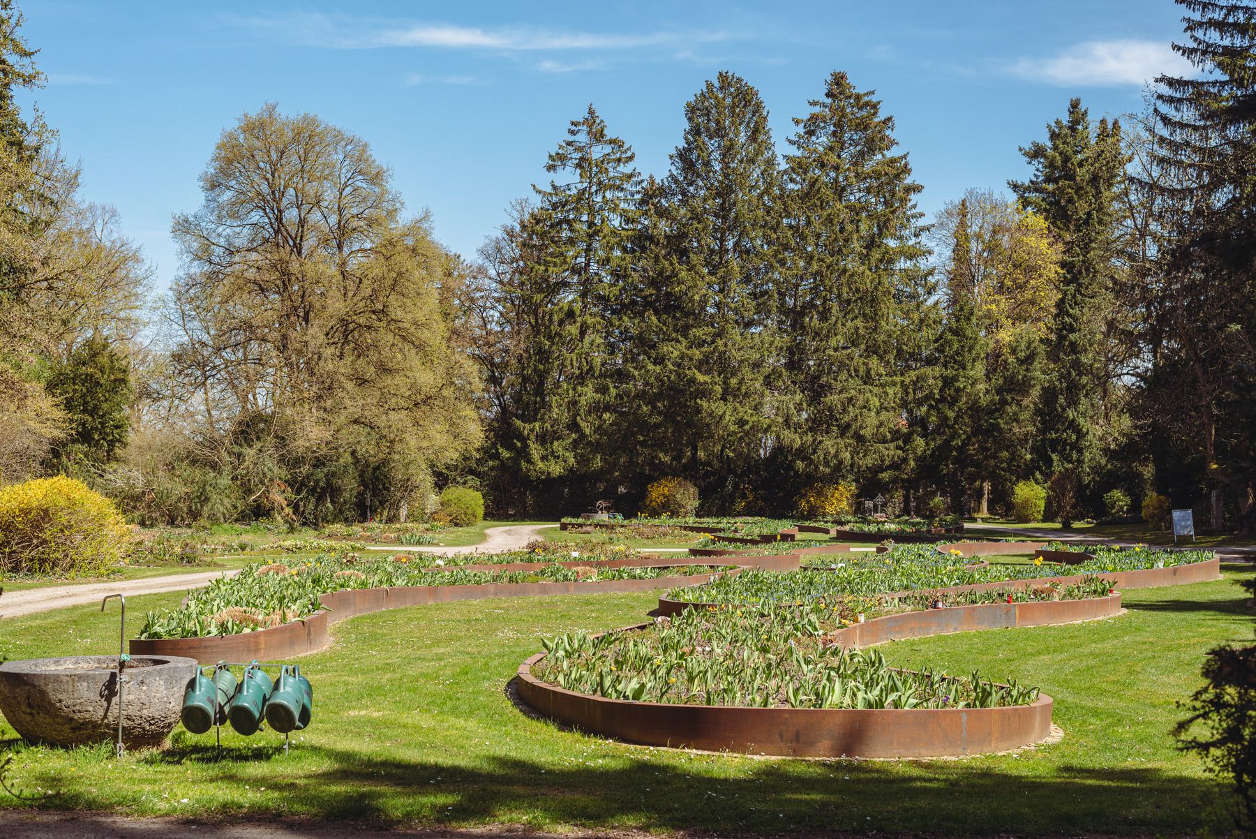 Wide view across curved burial plots, lawns and tall mature trees at Obermenzing Cemetery